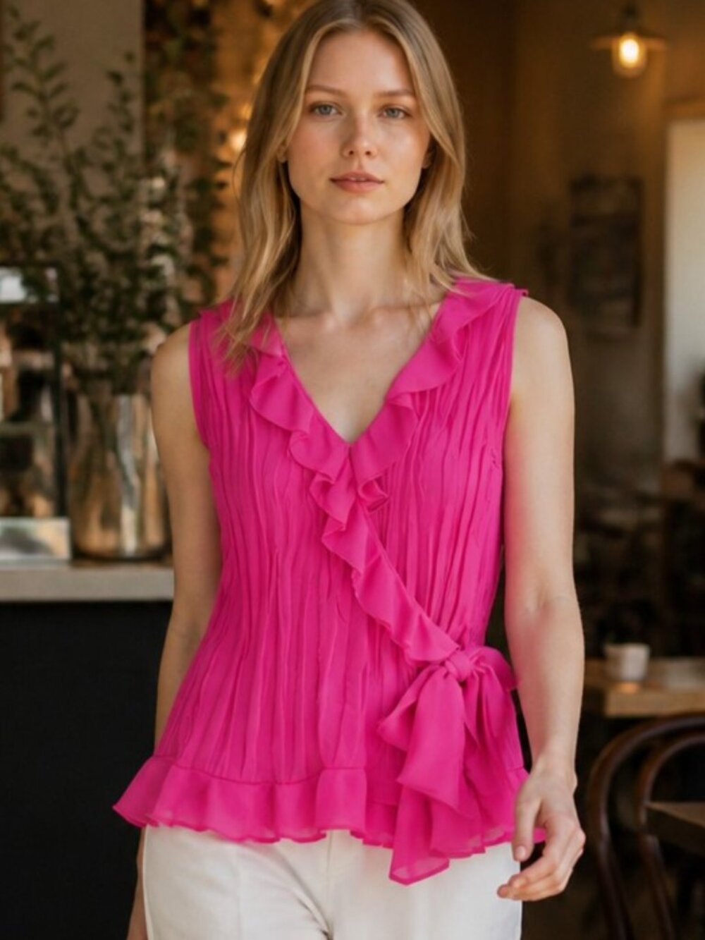 Sunny Leigh Hot Pink Pleated Chiffon Wrap Top Ruffle Bow Fall Layering Sz M
